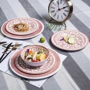 Wholesale Pink Flower Pattern Unbreakable Food Grade Melamine Dinner Dinning Plates Set Plastic Dinnerware Set