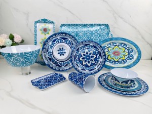 Rectangular Blue Plastic Melamine Tray Set Sustainable Buffet Plate Dish Nordic Design Unbreakable Trays for Party Serving