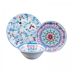 Wholesale 12 pcs New Design Pattern Dinnerware Customized Plastic Plate Bowl Tableware Melamine Dinner Set