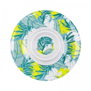 Unbreakable 15 Inch Melamine Glossy Round Chip Dip Tray With Green Leaf Design