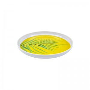 Wholesale Round Dinner Melamine Plate with Green Leaf Pattern Plastic Round Custom Plate