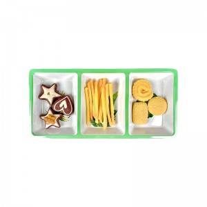 Tropical leaves Design Melamine White 3 Compartments Divided Dipping Sauce Dish Rectangular Plate Chip And Dip Tray