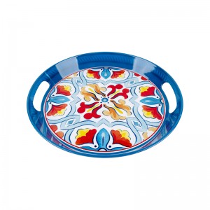 Food grade Home Decoration Top Hot Selling Round shape melamine food serving Tray with handle