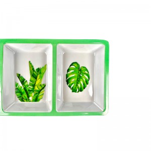 Tropical leaves Design Melamine White 3 Compartments Divided Dipping Sauce Dish Rectangular Plate Chip And Dip Tray