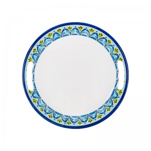 13.8 inch Floral Round Tray Decal Design Melamine Serving Tray for Restaurant Hotel Kitchen with handle Plastic Plate Blue White