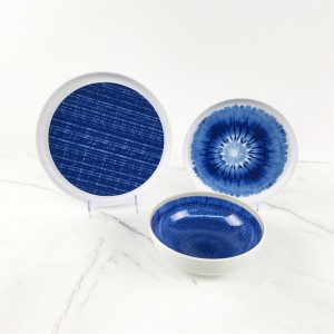 Melamine Plastic Custom Blue Grid Stripes Pattern Round Edge Plate Bowl Set BTH1061 BTH1062