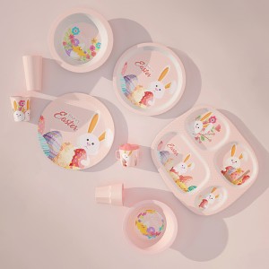 New Custom Eco Pink Bunny Design Melamine Bamboo Children Kid Baby Dinnerware Tableware Plate Bowl Cup Mug With Silcon Lid