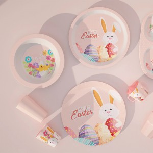 New Custom Eco Pink Bunny Design Melamine Bamboo Children Kid Baby Dinnerware Tableware Plate Bowl Cup Mug With Silcon Lid