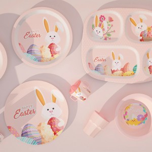 New Custom Eco Pink Bunny Design Melamine Bamboo Children Kid Baby Dinnerware Tableware Plate Bowl Cup Mug With Silcon Lid