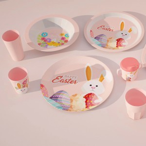 New Custom Eco Pink Bunny Design Melamine Bamboo Children Kid Baby Dinnerware Tableware Plate Bowl Cup Mug With Silcon Lid