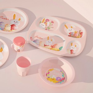 New Custom Eco Pink Bunny Design Melamine Bamboo Children Kid Baby Dinnerware Tableware Plate Bowl Cup Mug With Silcon Lid