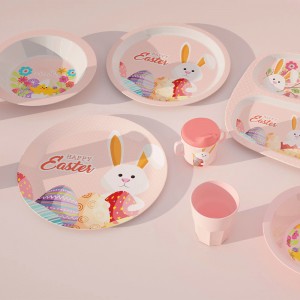 New Custom Eco Pink Bunny Design Melamine Bamboo Children Kid Baby Dinnerware Tableware Plate Bowl Cup Mug With Silcon Lid