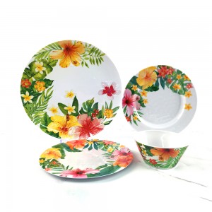 Summer Plastic Melamine Elegant Tropical Gorgeous Flowers Pattern Round Plate Bowl Set