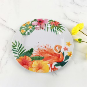 Summer Plastic Melamine Elegant Flamingo Single Tropical Leaves Flower Own Design Round Plate Dish