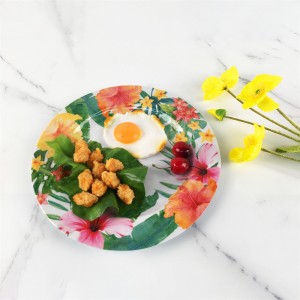 Juego de cuencos y platos redondos con estampado de flores preciosas tropicales elegantes de melamina de plástico de verano