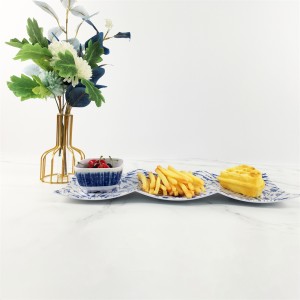 Melamine Plastic Custom Blue Pattern Three Grid Plate Food Tray Snack Bowl