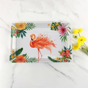 Plastic Melamine Elegant Tropical Jungle Floral Flamingo Pattern Rectangular Deep Tray With Hndle