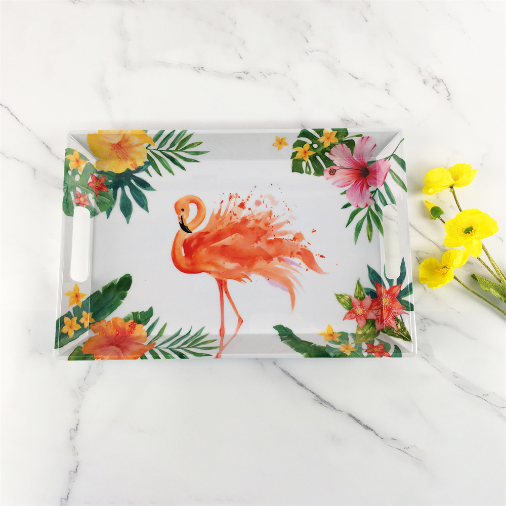 Massive Selection for Pink Roll Tray - Plastic Melamine Elegant Tropical Jungle Floral Flamingo Pattern Rectangular Deep Tray With Hndle – BECO