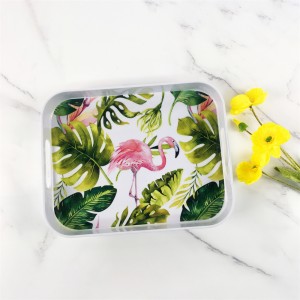 Plastic Melamine Elegant Tropical Jungle Leaf Flamingo Pattern Rectangular Deep Tray With Handle