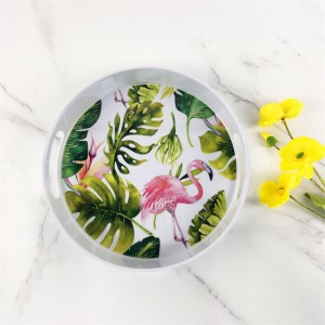 Plastic Melamine Elegant Tropical Jungle Leaf Flamingo Pattern Round Deep Tray With Handle