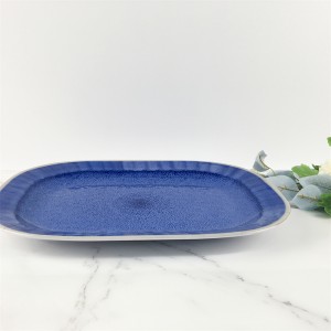 Melamine Plastic Custom Blue Kiln Change Pattern Rounded Rectangle Deep Plate