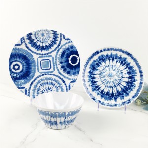 Melamine Plastic Custom Blue Pattern Round Plate Bowl Three Grid plate Set